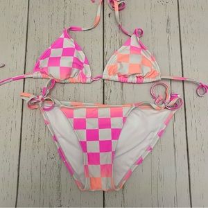 Checkered Neon Pink and Orange String Bikini Set